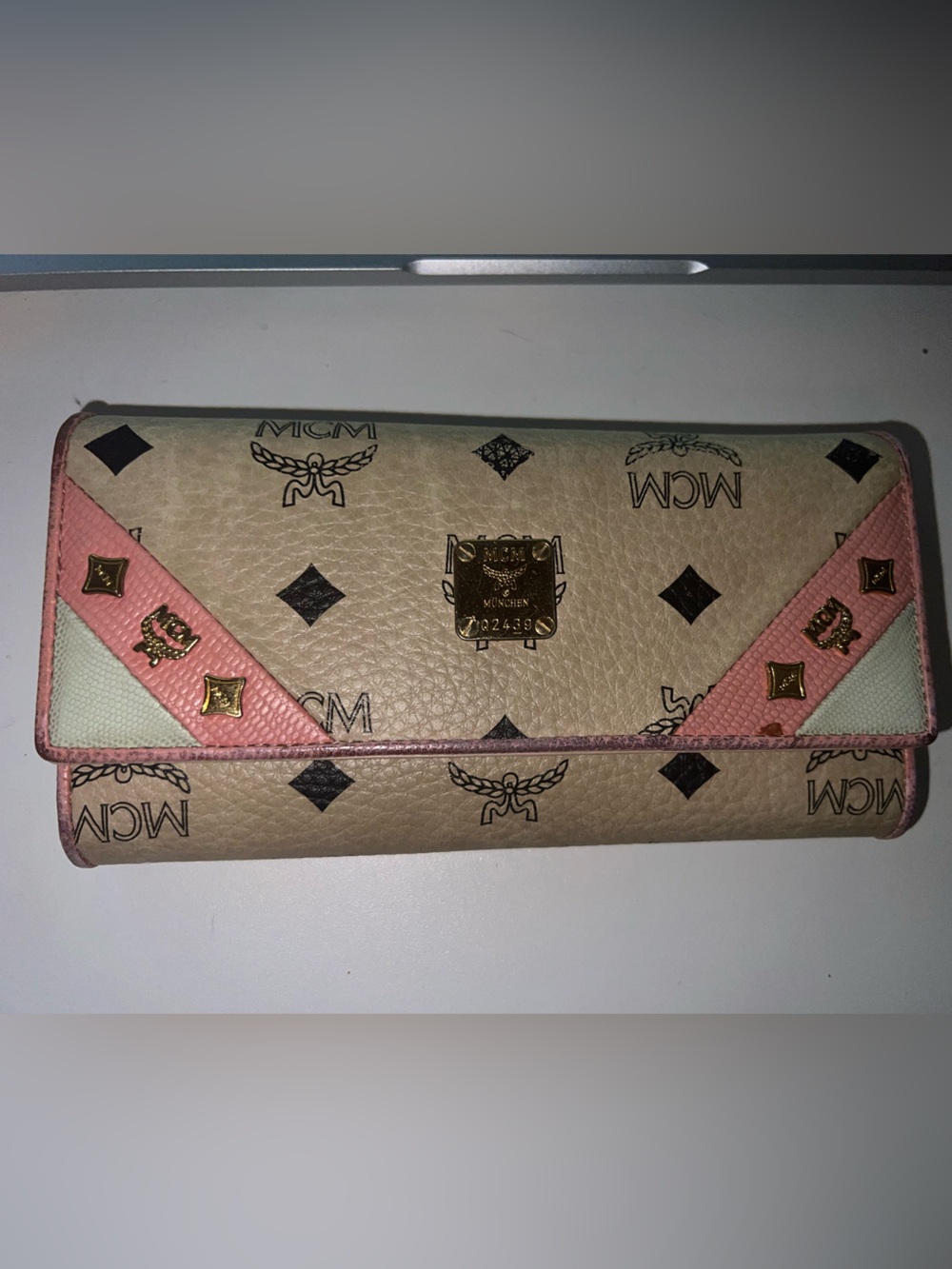 MCM Beige Trifold Continental Wallet with Pink Trim